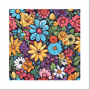 Vibrant Colorful Cartoon Flower Garden Posters and Art